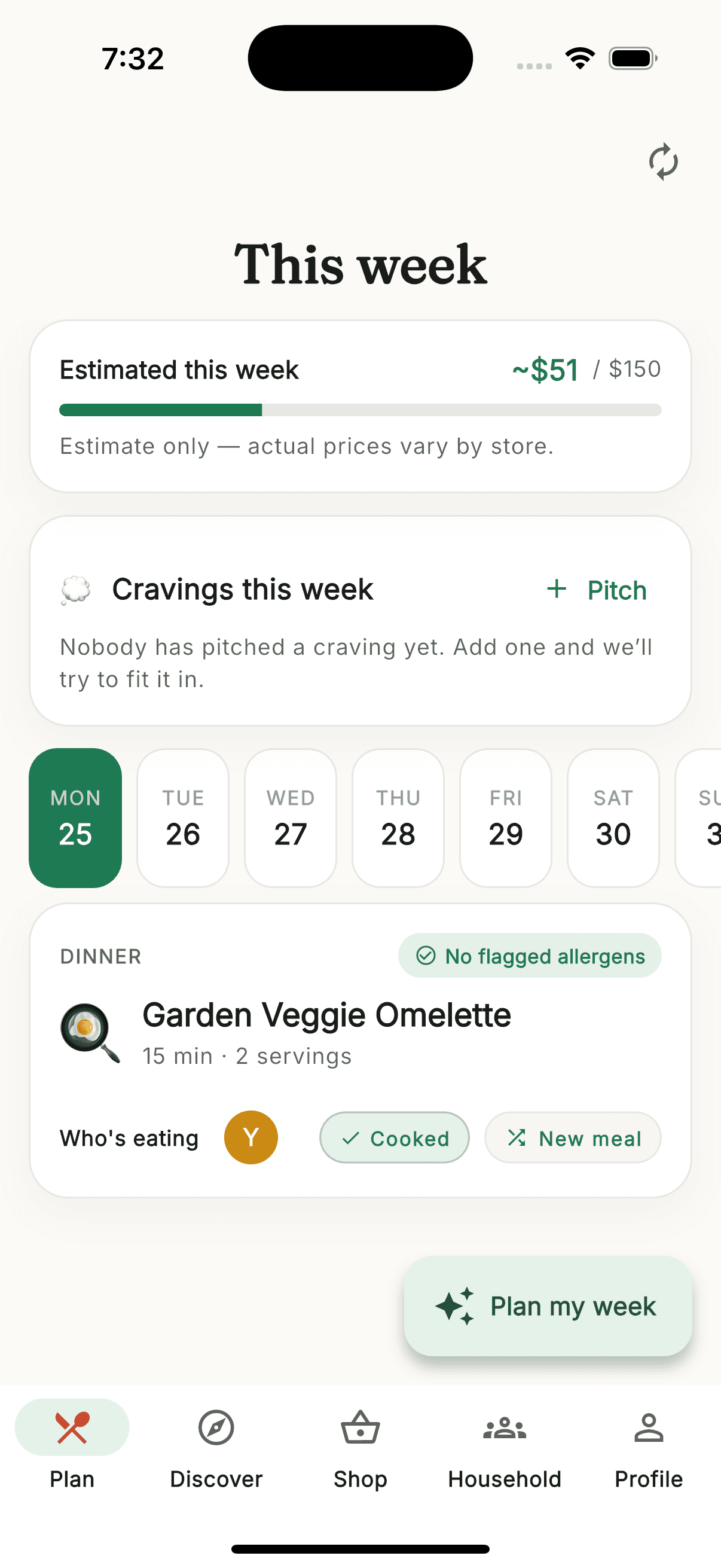 The Cookiee app showing a week of planned dinners, an estimated grocery cost, and an allergy-safe meal for the household